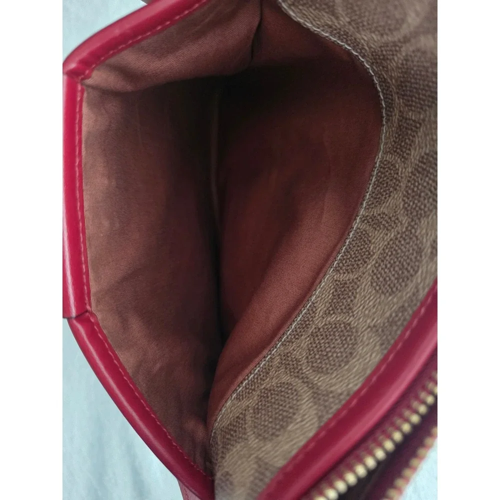 Coach North South Crossbody Bag Signature Canvas Red Leather Trim Gold C Logo